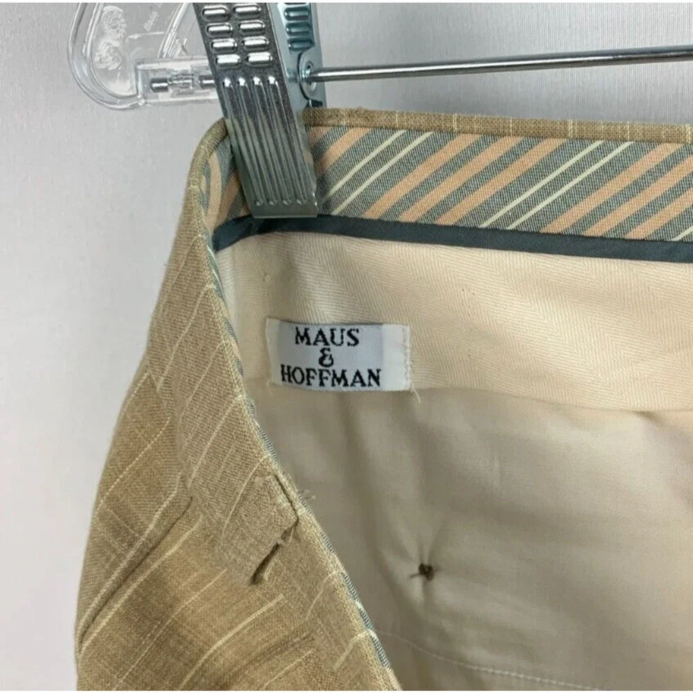 Maus & Hoffman 42 x 27 Tan Cream Pinstripe Pants Pleated Trousers LINEN MENS